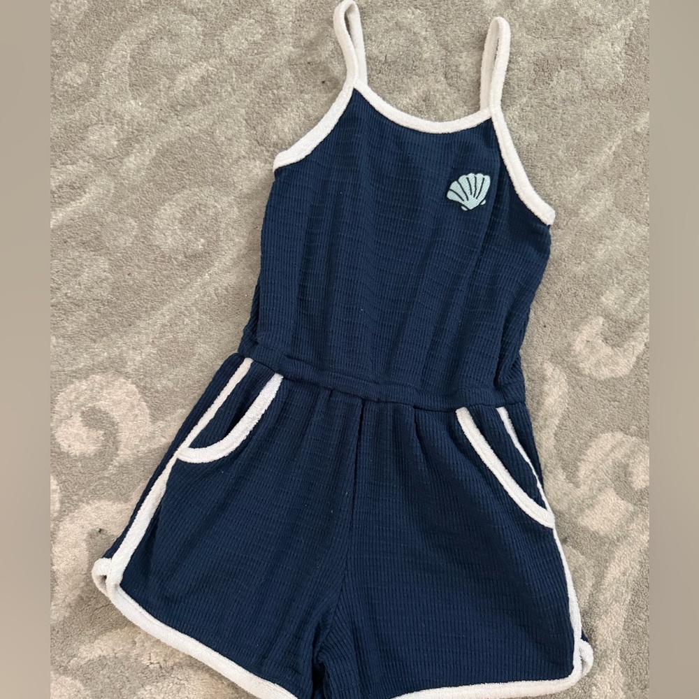 Girls Old Navy Blue Terry Cloth Romper with White Trim